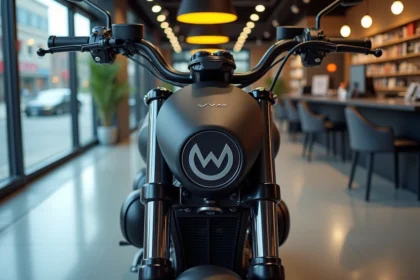 Moto moderne avec logo en W exposée dans un showroom urbain contemporain