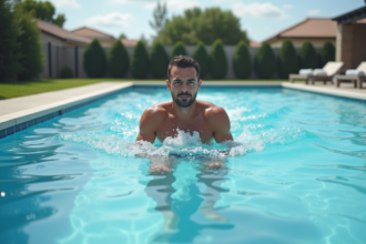 Homme nageant en piscine extérieure moderne