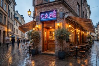 Enseigne néon extérieure bleue et rose au-dessus de la terrasse d'un café urbain au crépuscule, reflets colorés sur les pavés mouillés