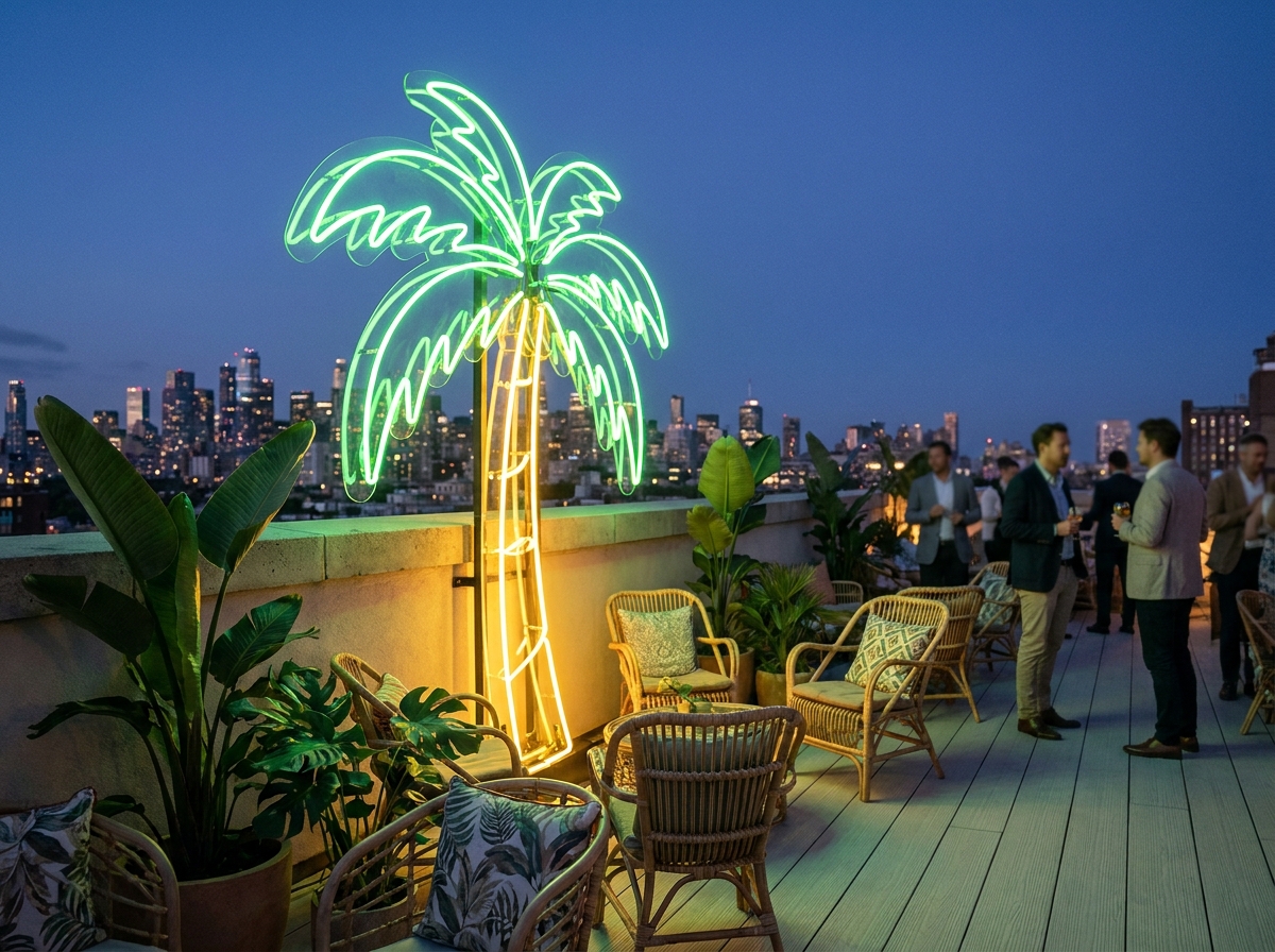 Sculpture néon palmier vert et jaune sur terrasse rooftop au coucher du soleil, bar urbain avec vue sur les toits de la ville