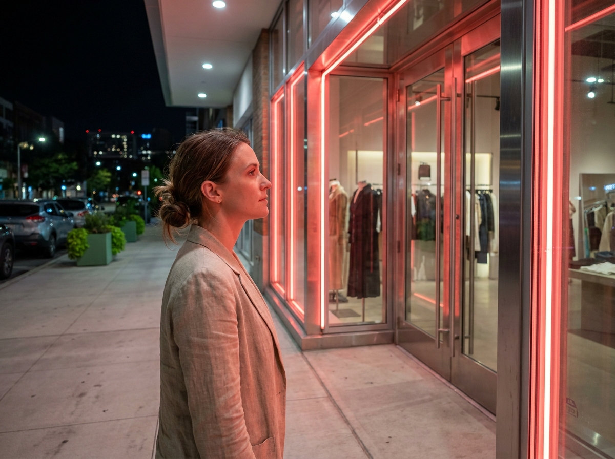 Femme debout près d'une enseigne néon rouge en vitrine d'une boutique moderne, ambiance nocturne urbaine chaleureuse
