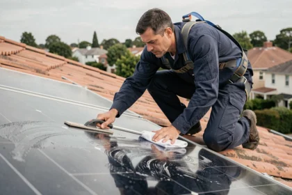 Technicien en tenue de travail nettoyant des panneaux solaires sur un toit résidentiel avec un racloir et un chiffon microfibre