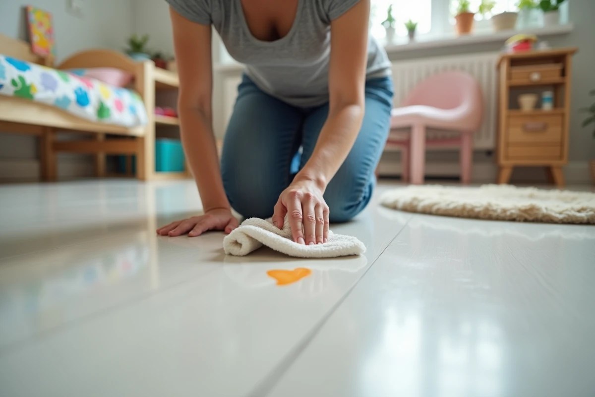 Maman nettoyant facilement une tache sur un sol PVC rouleau dans une chambre d'enfant colorée