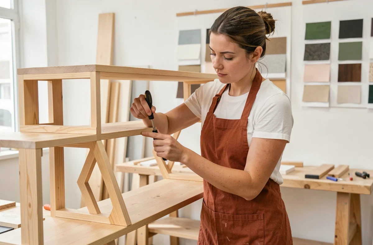 Artisane de Nomah Création assemblant une étagère en bois design dans un atelier créatif contemporain