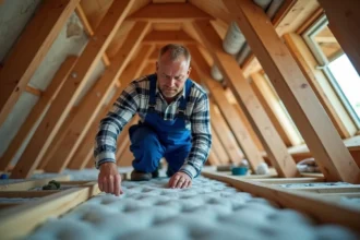Ouvrier en overalls inspectant l'isolation dans un grenier
