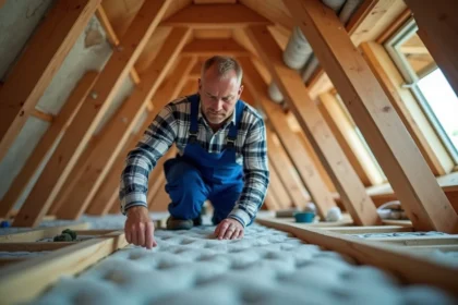 Ouvrier en overalls inspectant l'isolation dans un grenier