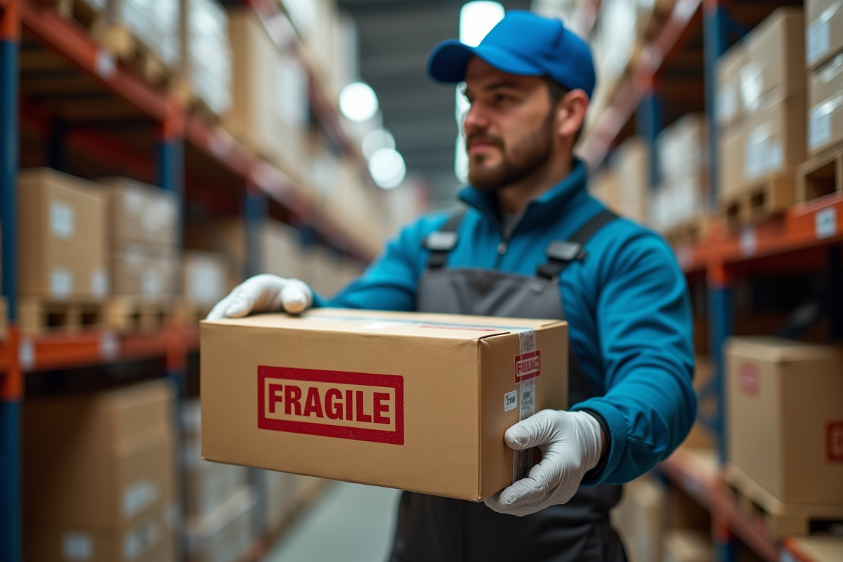 Employé manipulant délicatement une boîte fragile dans un entrepôt