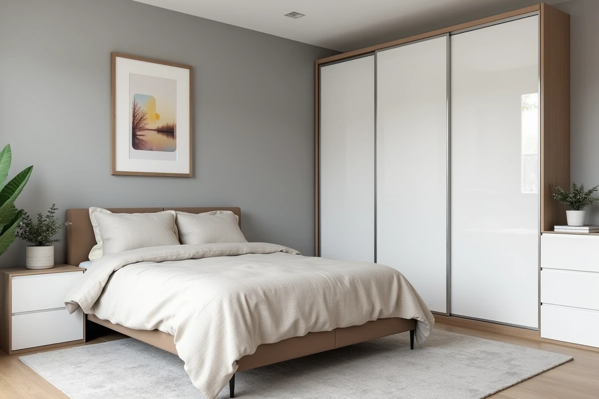 Chambre meublée dans un appartement T3 avec lit double, tables de chevet assorties et commode blanche