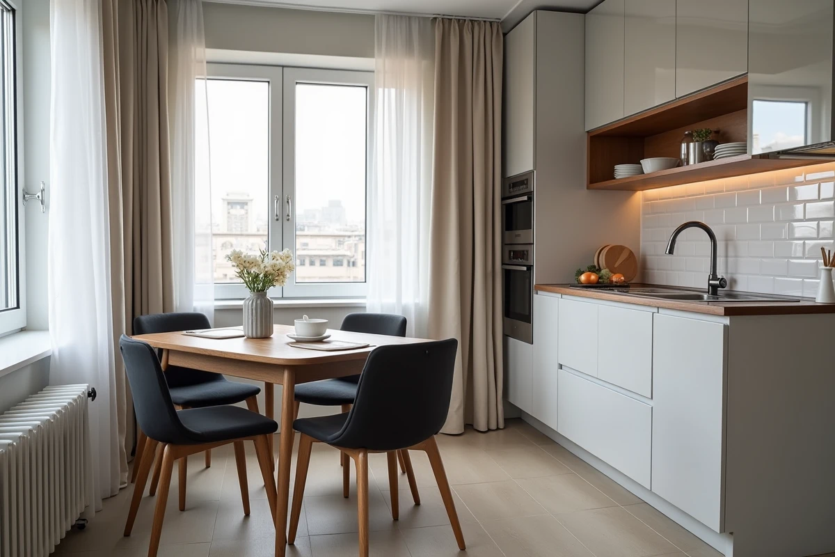 Espace cuisine et salle à manger meublés dans un appartement locatif avec table en chêne et chaises rembourrées