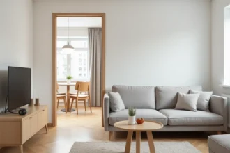 Salon meublé dans un appartement T2 avec canapé scandinave gris, table basse en chêne et coin repas compact