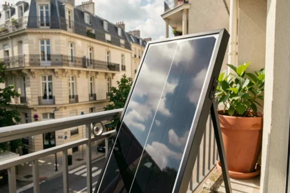 Panneau solaire plug and play installé sur un balcon d'appartement en milieu urbain