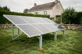 Panneaux solaires au sol dans un jardin résidentiel avec cadre métallique incliné et maison en arrière-plan