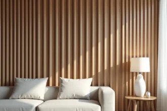 Mur salon avec panneau tasseau bois en chêne naturel, style scandinave minimaliste