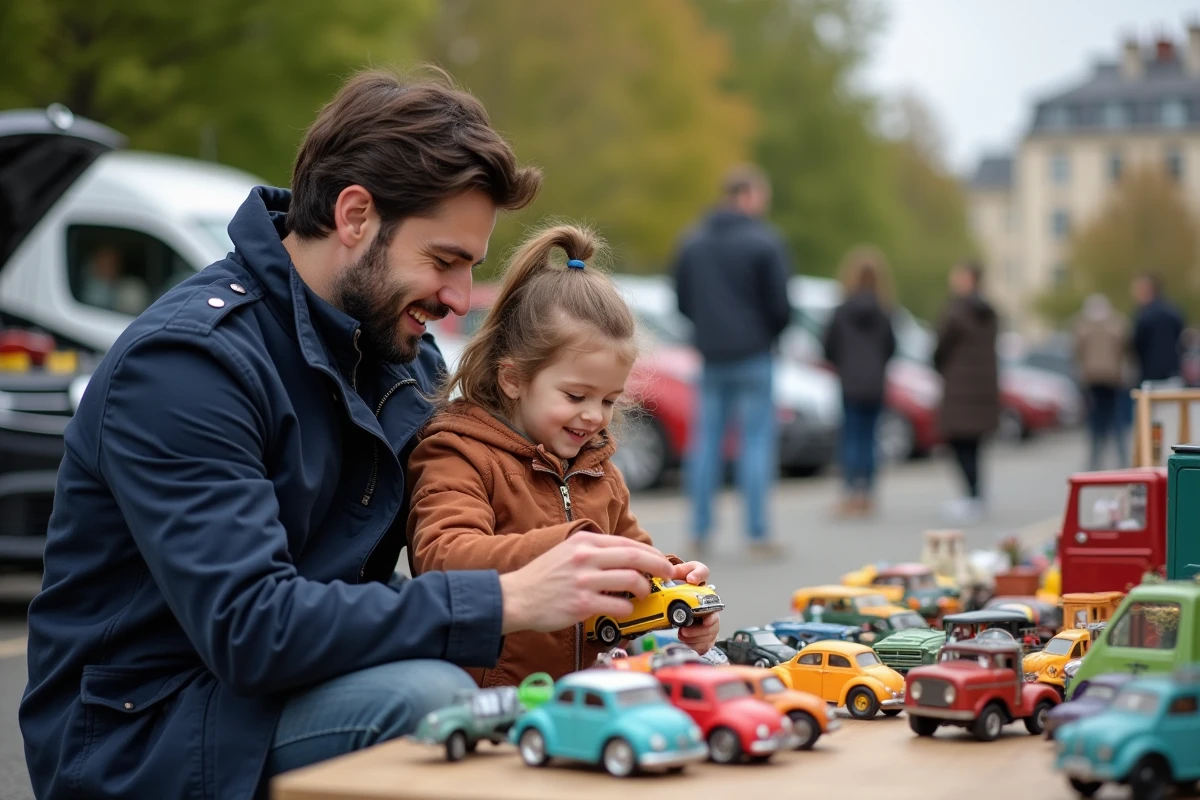 Père et fille triant des jouets vintage au marché de plein air