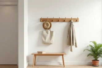 Patère murale en chêne naturel avec fixation invisible sur mur blanc dans une entrée scandinave moderne