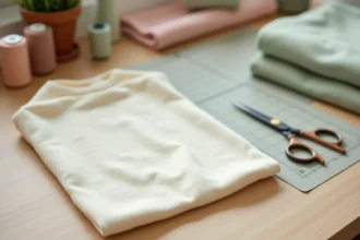 Patron de couture bébé, turbulette en coton ivoire et accessoires de couture posés à plat sur une table en bois clair