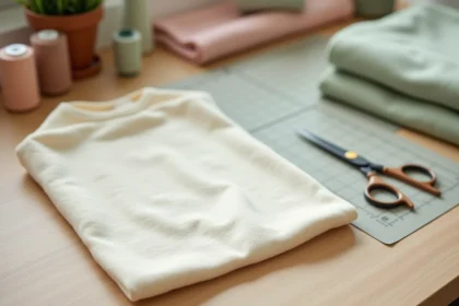 Patron de couture bébé, turbulette en coton ivoire et accessoires de couture posés à plat sur une table en bois clair