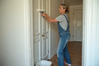 Femme appliquant une sous-couche d'accrochage sur une peinture glycéro ancienne avec un rouleau, dans un couloir domestique