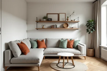Petit salon parisien optimisé par l'agence de décoration LeSavoirFaireDéco à Lille avec canapé en lin gris et étagères flottantes en bois
