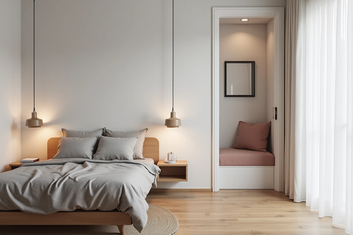 Petite chambre optimisée et décorée par l'agence LeSavoirFaireDéco Lille avec lit plateforme lit en lin et armoire miroir