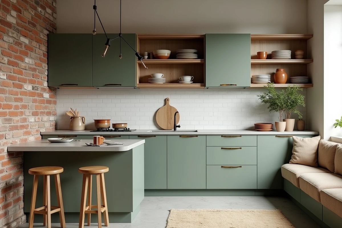 Petite cuisine aménagée et décorée par LeSavoirFaireDéco agence de décoration à Lille avec îlot compact et coin repas intégré