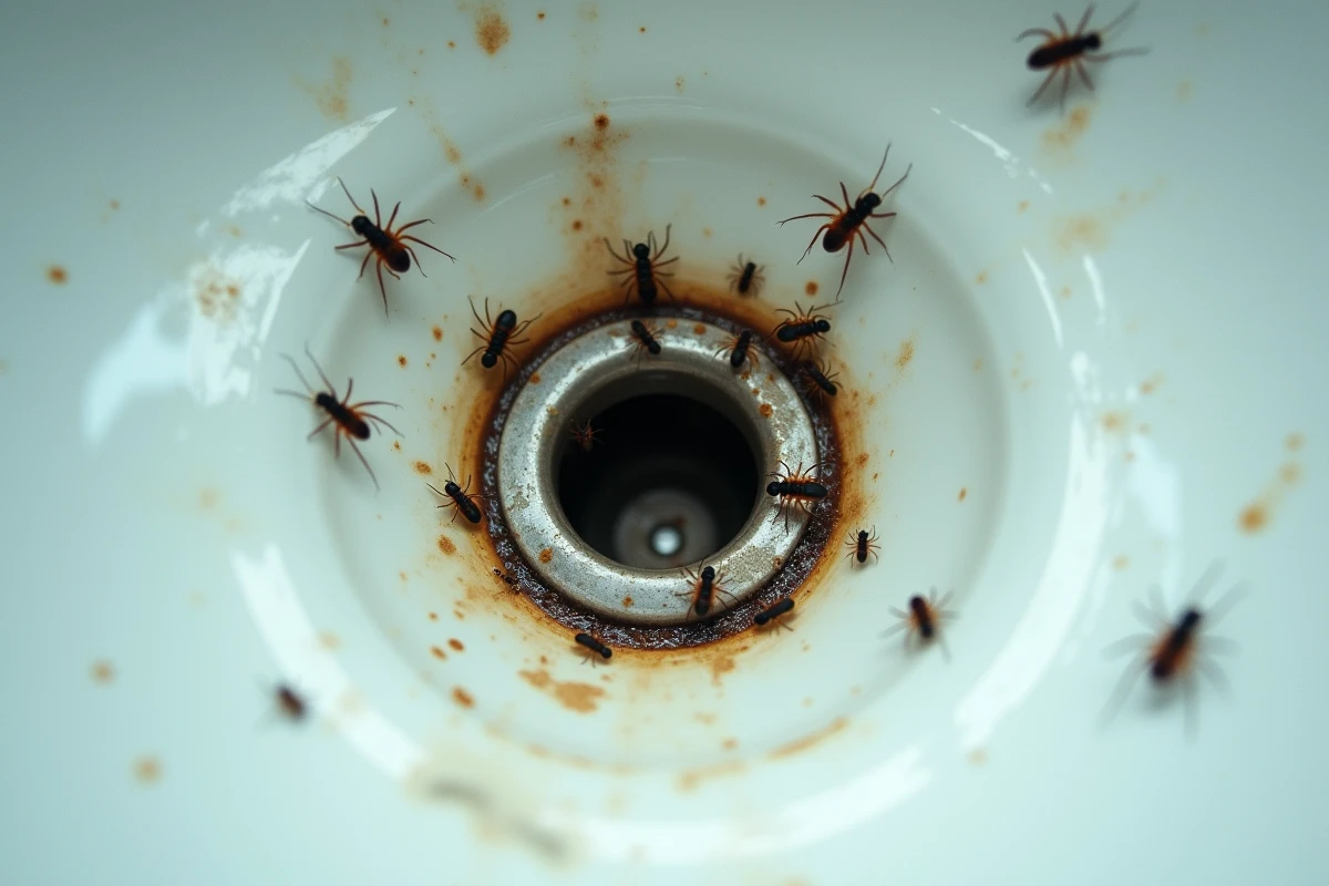 Petites bêtes noires repérées autour d'un siphon d'évier dans une cuisine ou salle de bain
