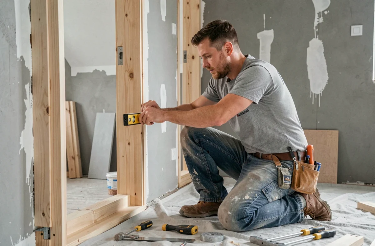 Menuisier de PG.Menuiserie installant un encadrement de porte intérieure dans une maison en rénovation
