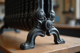Pied de radiateur en fonte de style victorien avec détails en volutes sur un établi en bois, finition noire mate de qualité professionnelle