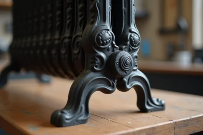 Pied de radiateur en fonte de style victorien avec détails en volutes sur un établi en bois, finition noire mate de qualité professionnelle