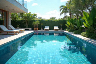Piscine extérieure moderne avec carrelage brillant et plantes vertes