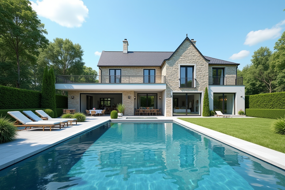 Piscine luxueuse avec famille dans un jardin français ensoleille