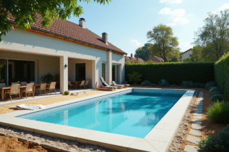 Piscine privée en construction dans un jardin français ensoleillé