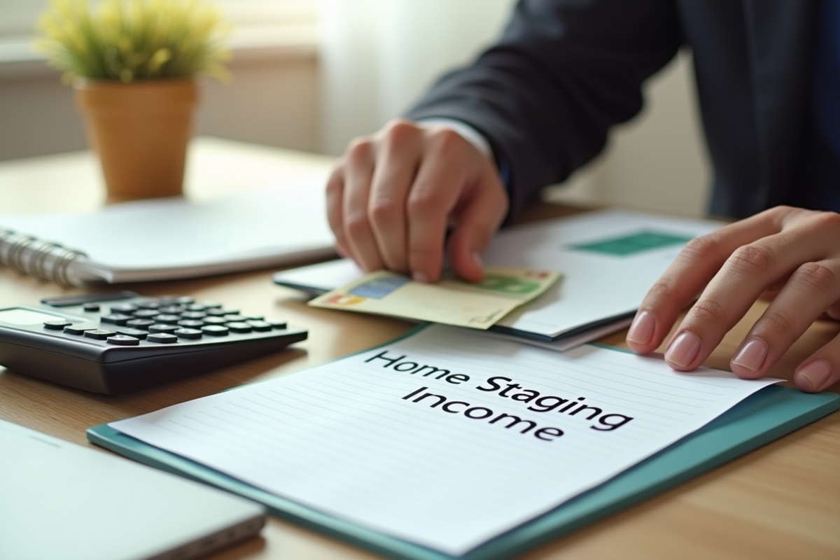 Main posant des billets et calculatrice sur bureau organisé