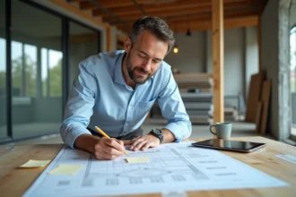 Architecte planifiant un chantier de rénovation avec des plans et une application de gestion de travaux sur tablette