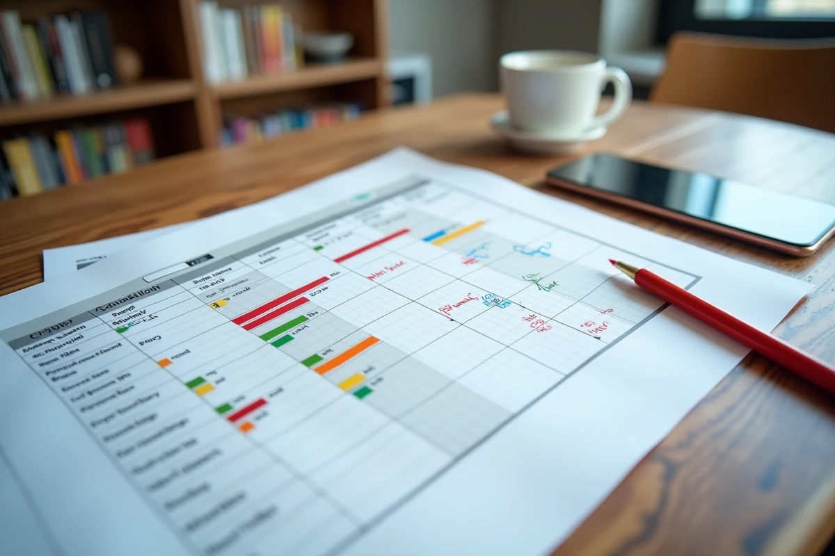 Planning de rénovation détaillé avec diagramme de Gantt annoté et application de gestion de budget sur smartphone