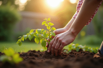 Main plantant un jasmin dans un sol de jardin ensoleille