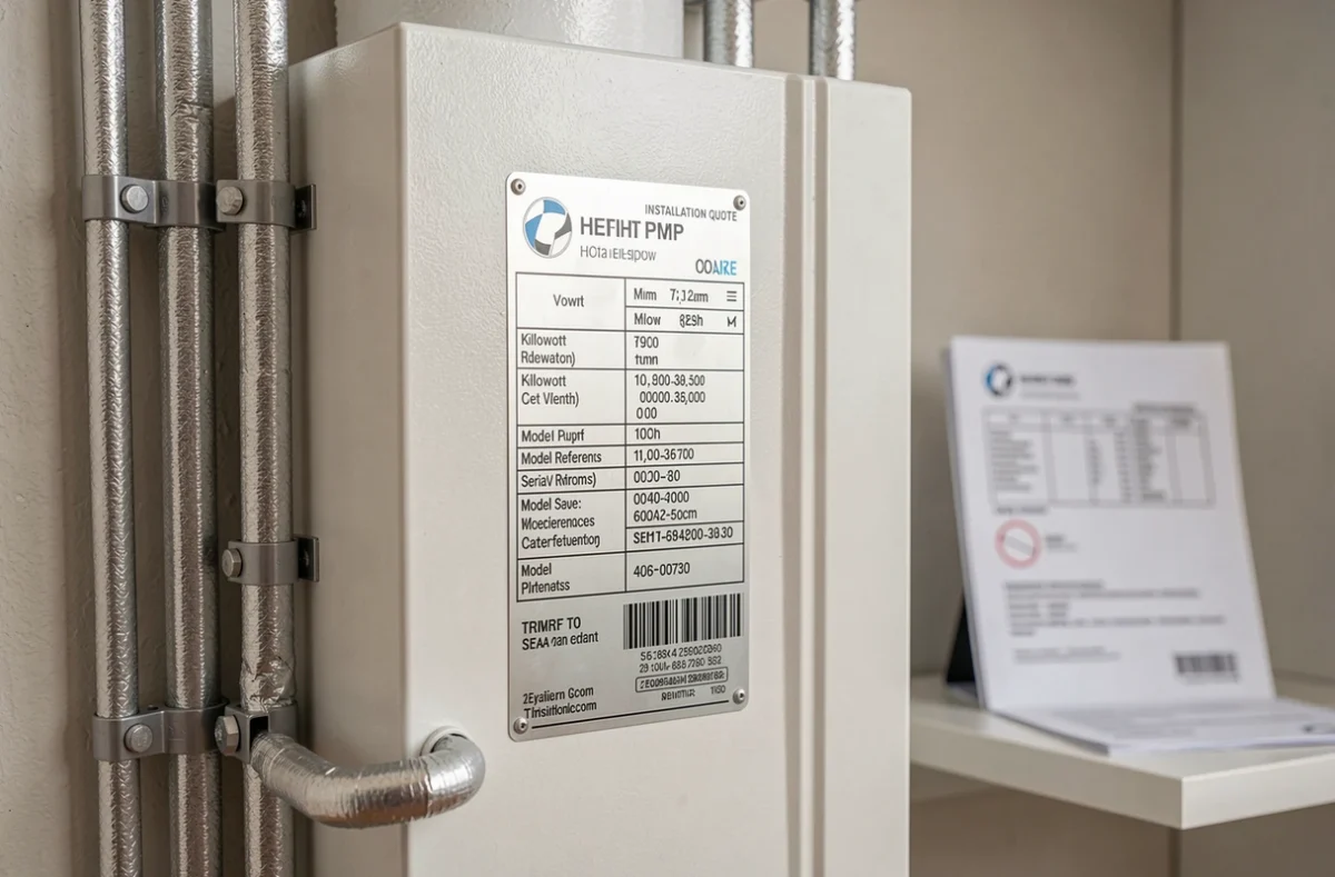 Plaque technique d'une pompe à chaleur 16 kW avec devis d'installation Chaffoteaux en arrière-plan