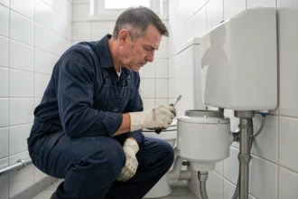 Plombier professionnel inspectant un sanibroyeur dans une salle de bain moderne pour le débloquer