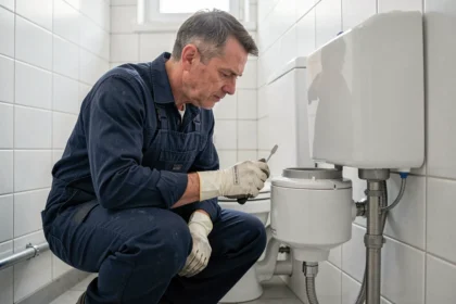 Plombier professionnel inspectant un sanibroyeur dans une salle de bain moderne pour le débloquer