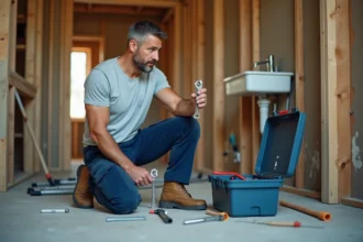 Plombier homme inspectant des outils sur un chantier