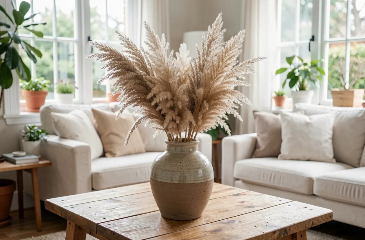 Plumeaux séchés dans un vase posé sur une table de salon