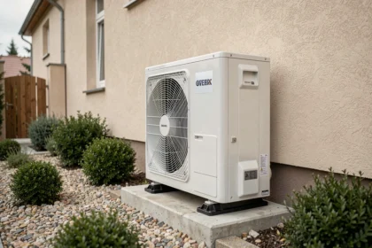 Pompe à chaleur Atlantic 16 kW installée sur plot béton en extérieur d'une maison pavillonnaire