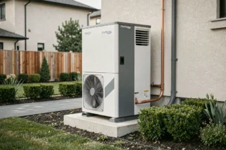 Pompe à chaleur Chaffoteaux 16 kW installée sur la façade extérieure d'une maison individuelle