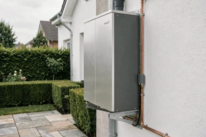 Pompe à chaleur air-air installée sur la façade extérieure d'une maison contemporaine avec tuyaux en cuivre apparents