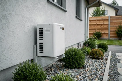 Pompe à chaleur Panasonic installée en extérieur sur la façade d'une maison moderne avec jardin aménagé