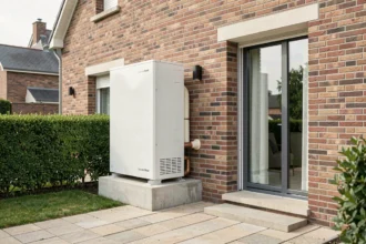 Pompe à chaleur air-eau Saunier Duval installée sur la façade extérieure d'une maison pavillonnaire française