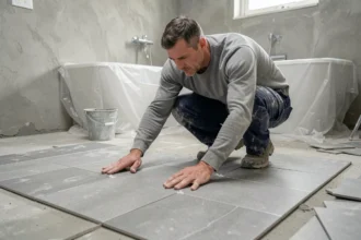 Carreleur posant des carreaux gris en grès cérame sur un sol de salle de bain en cours de rénovation, avec colle et croisillons visibles