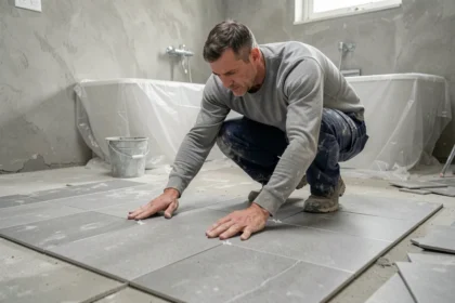 Carreleur posant des carreaux gris en grès cérame sur un sol de salle de bain en cours de rénovation, avec colle et croisillons visibles