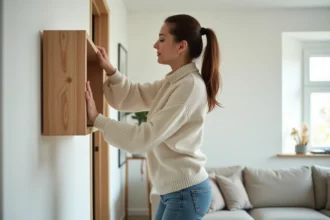 Femme posant une étagère en bois dans un salon moderne
