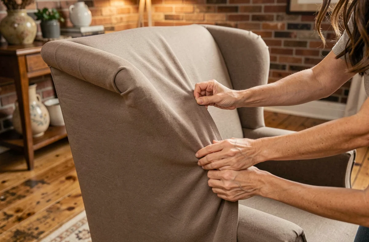 Gros plan de deux femmes qui lissent ensemble une housse extensible taupe sur un fauteuil à oreilles vintage